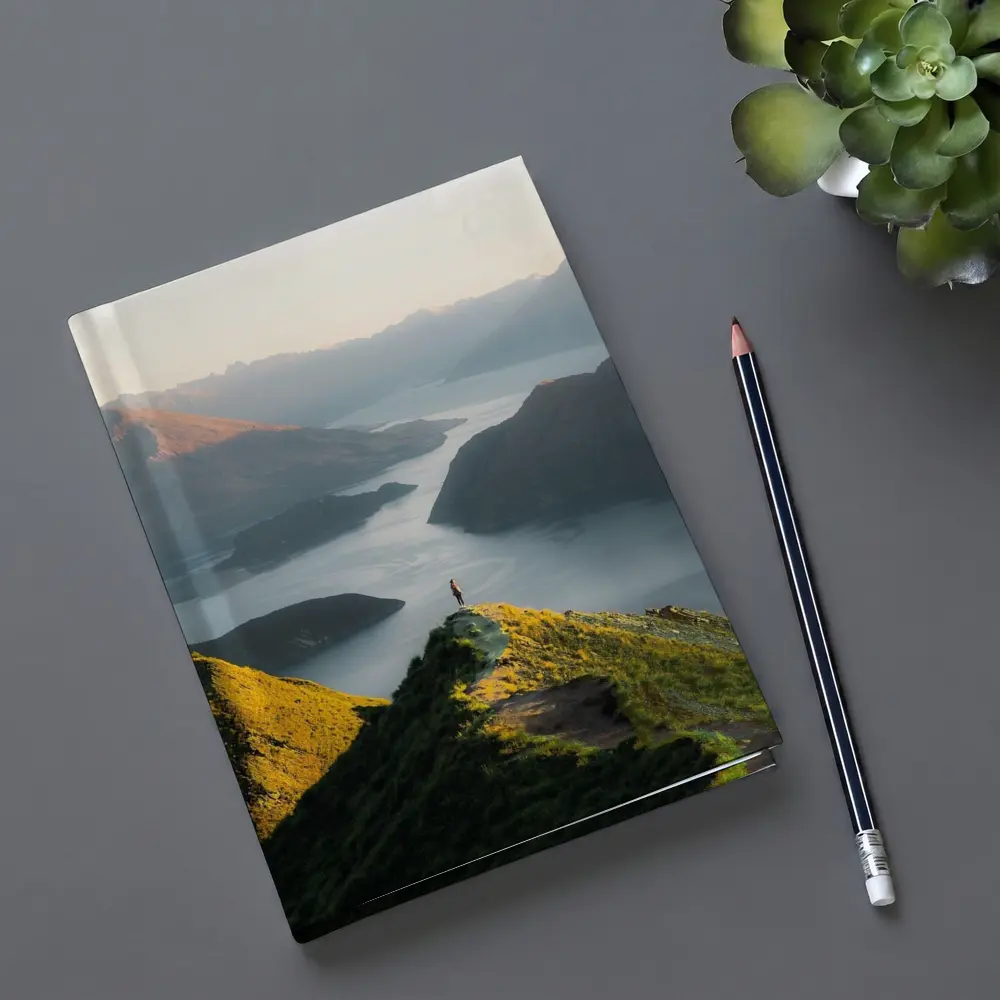 Lone Hiker Overlooking Mountain Lake Landscape – Notebooks