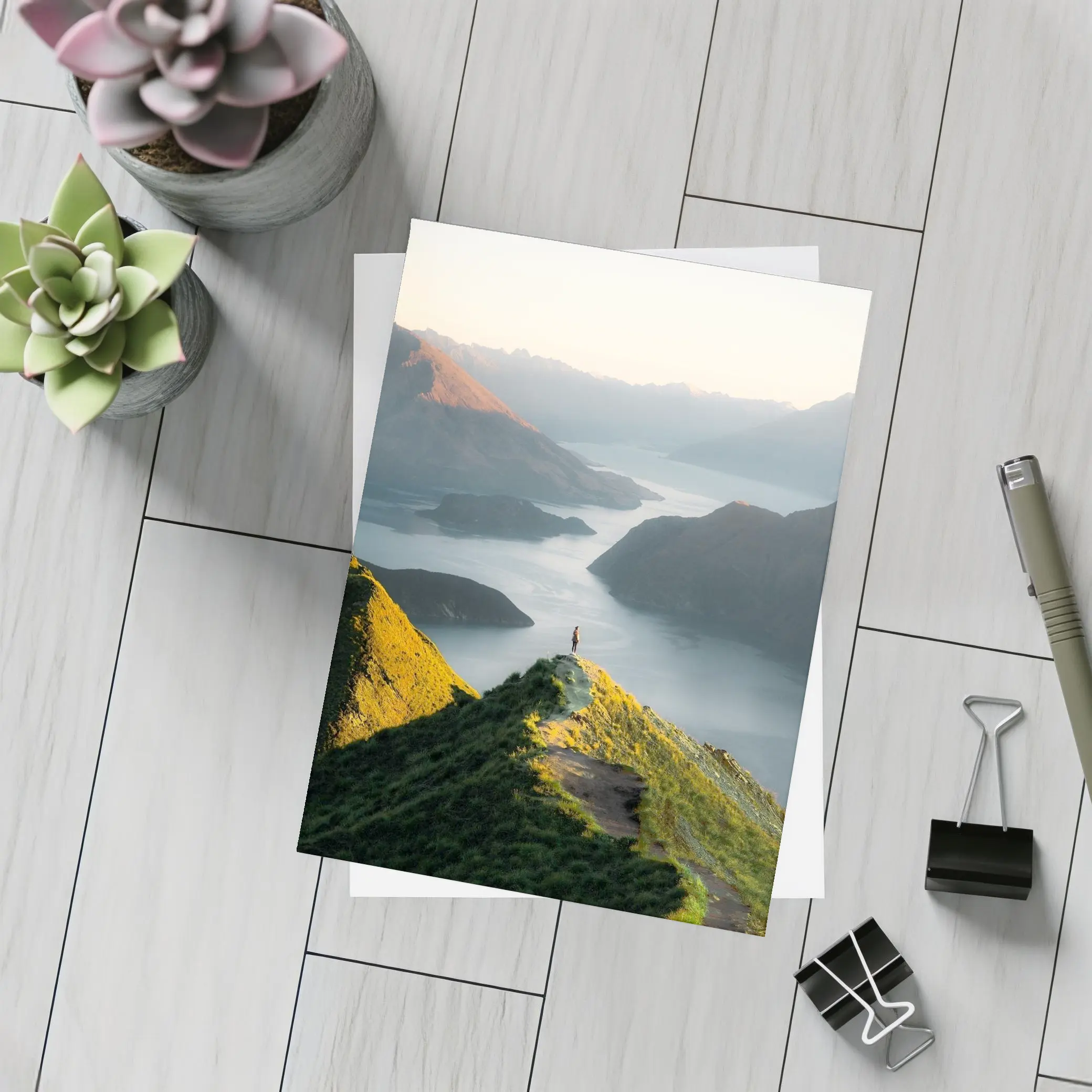 Lone Hiker Overlooking Mountain Lake Landscape – Postcards