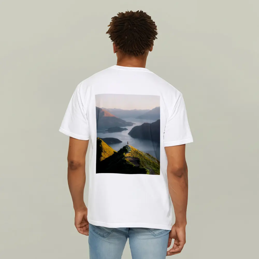Lone Hiker Overlooking Mountain Lake Landscape – T-Shirts