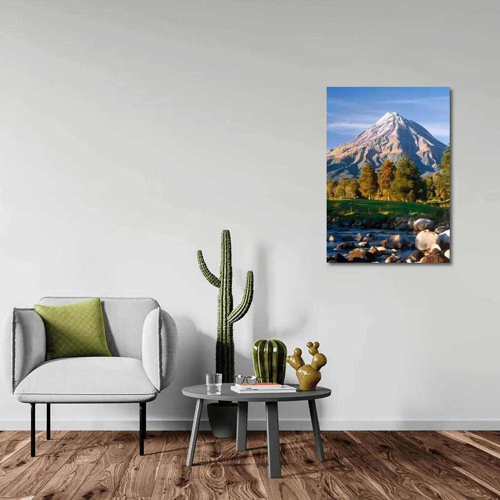 Snow Capped Volcano Rocky River Landscape – Wall Art