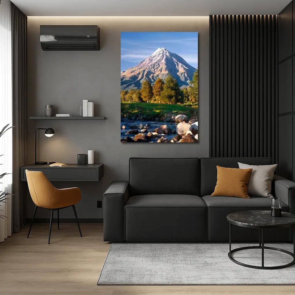 Snow Capped Volcano Rocky River Landscape – Wall Art