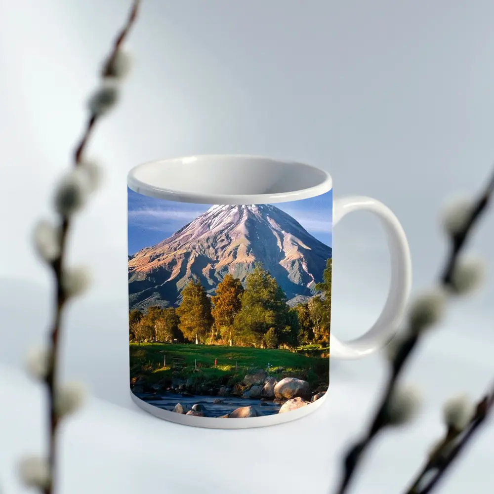 Snow Capped Volcano Rocky River Landscape – Mugs
