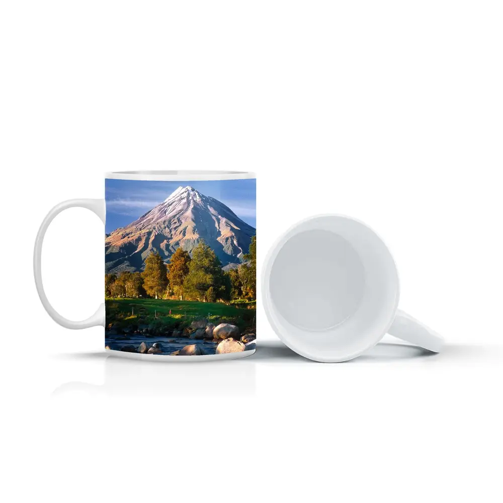 Snow Capped Volcano Rocky River Landscape – Mugs