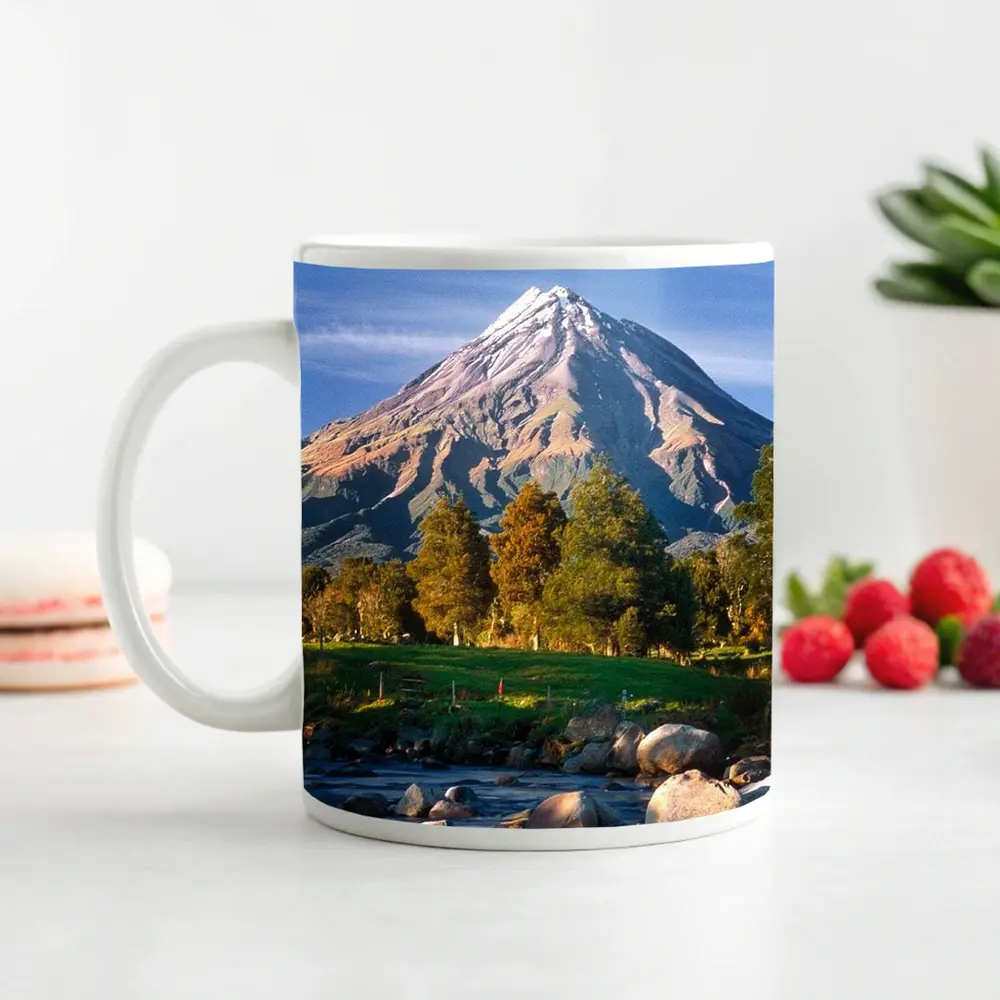 Snow Capped Volcano Rocky River Landscape – Mugs