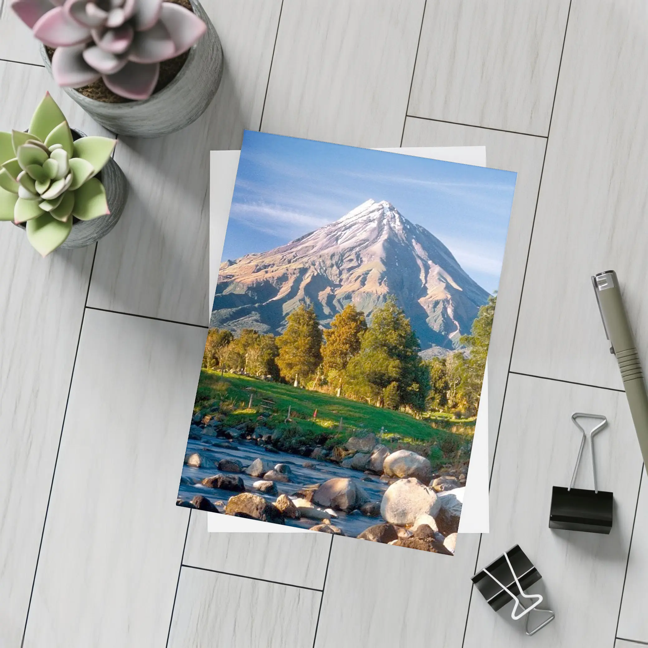 Snow Capped Volcano Rocky River Landscape – Postcards