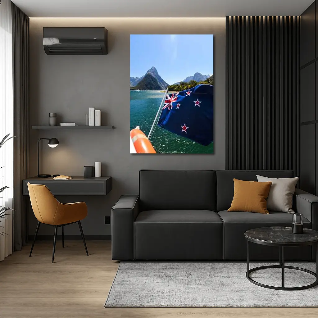 New Zealand Flag Milford Sound Mountains – Wall Art