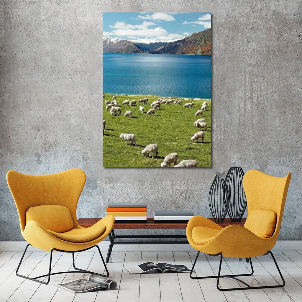 Sheep Grazing Green Meadow Mountain Lake – Wall Art