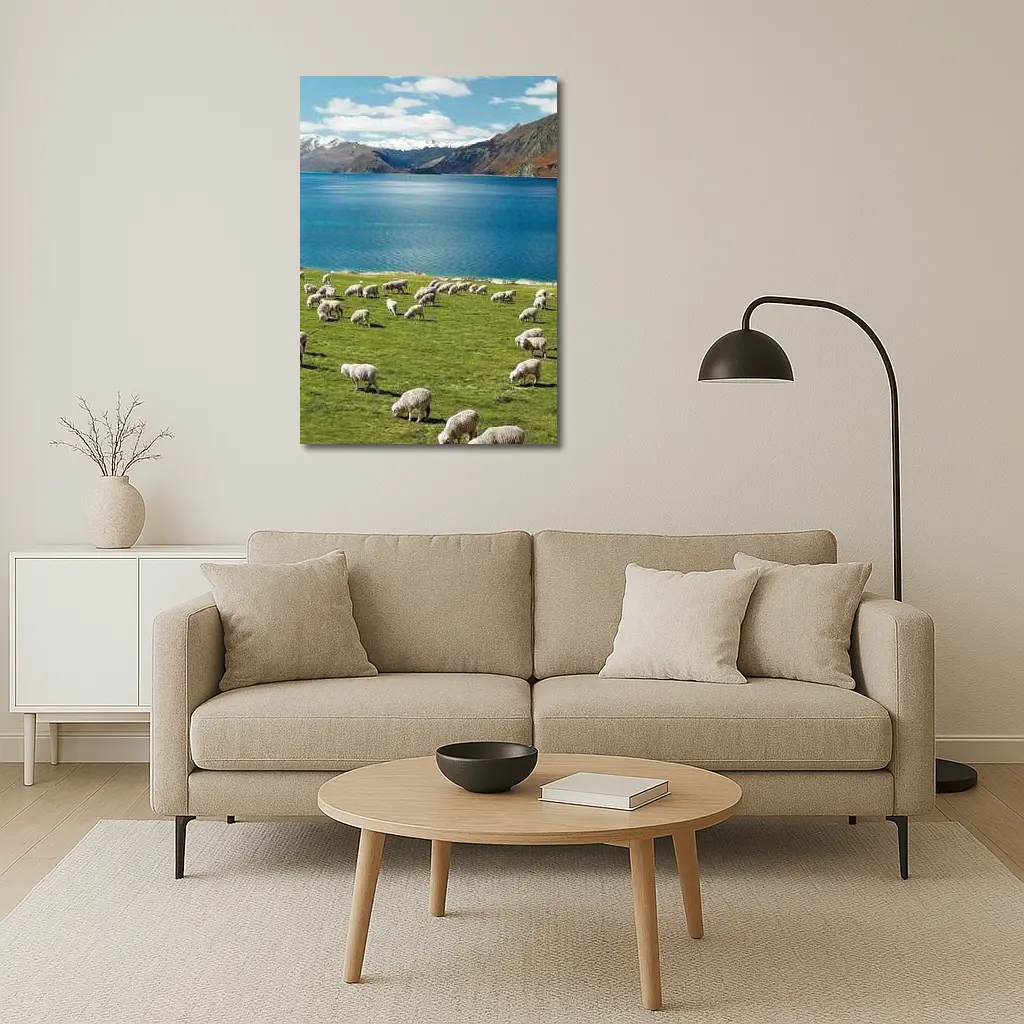 Sheep Grazing Green Meadow Mountain Lake – Wall Art