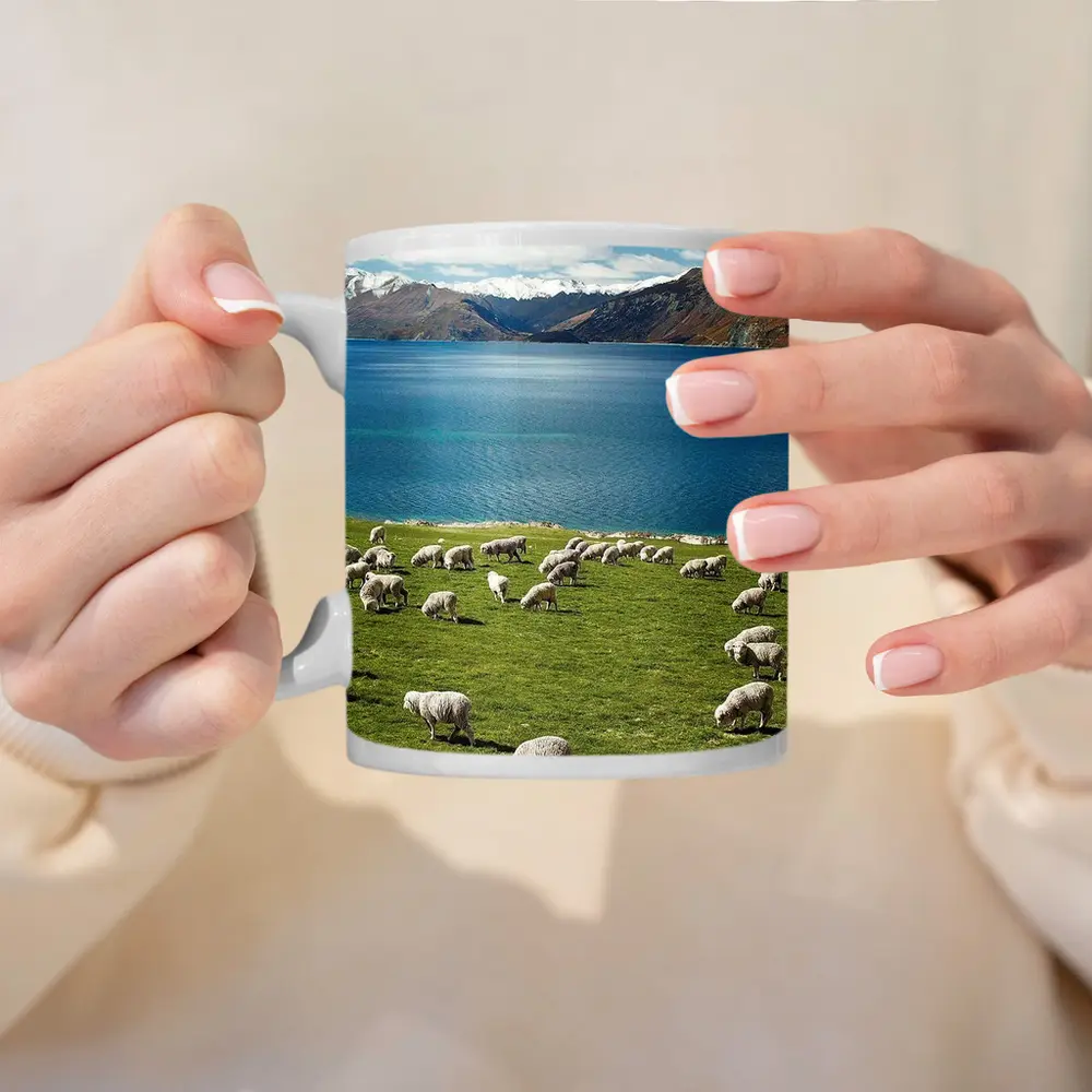 Sheep Grazing Green Meadow Mountain Lake – Mugs