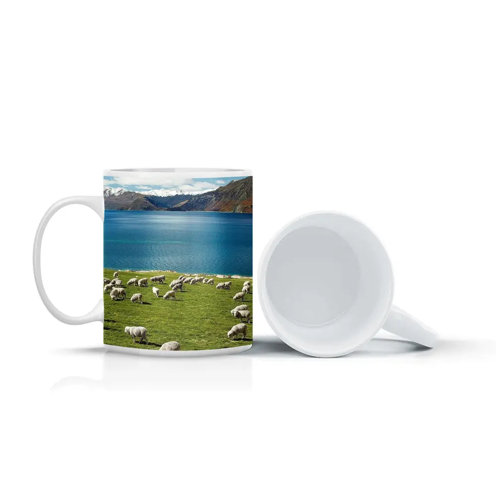 Sheep Grazing Green Meadow Mountain Lake – Mugs