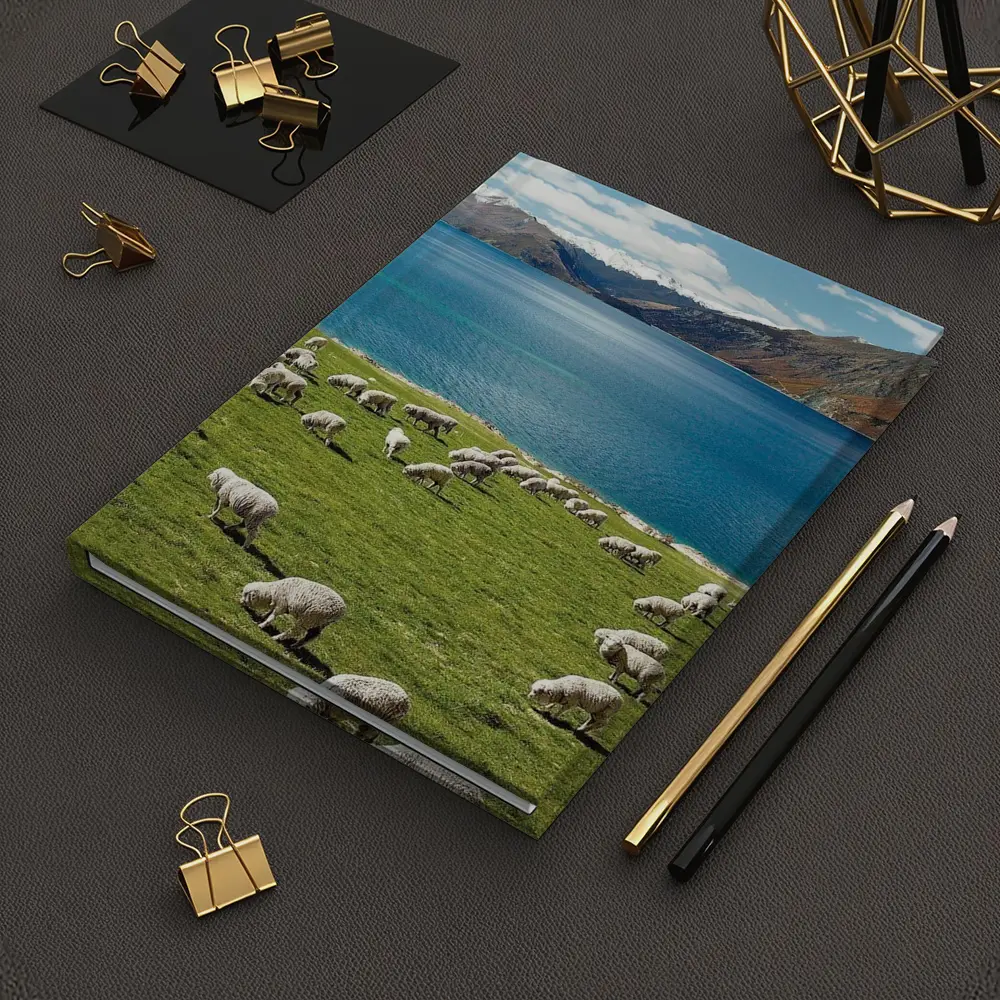 Sheep Grazing Green Meadow Mountain Lake – Notebooks
