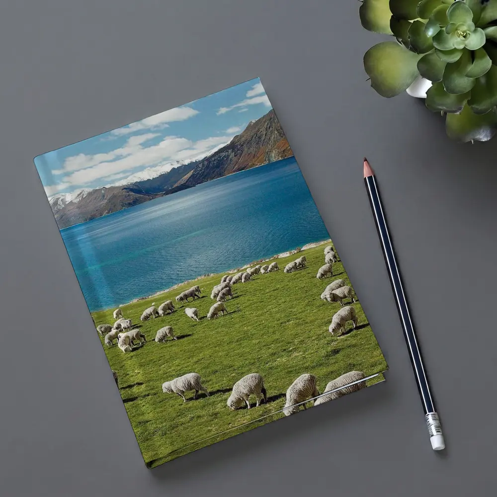 Sheep Grazing Green Meadow Mountain Lake – Notebooks