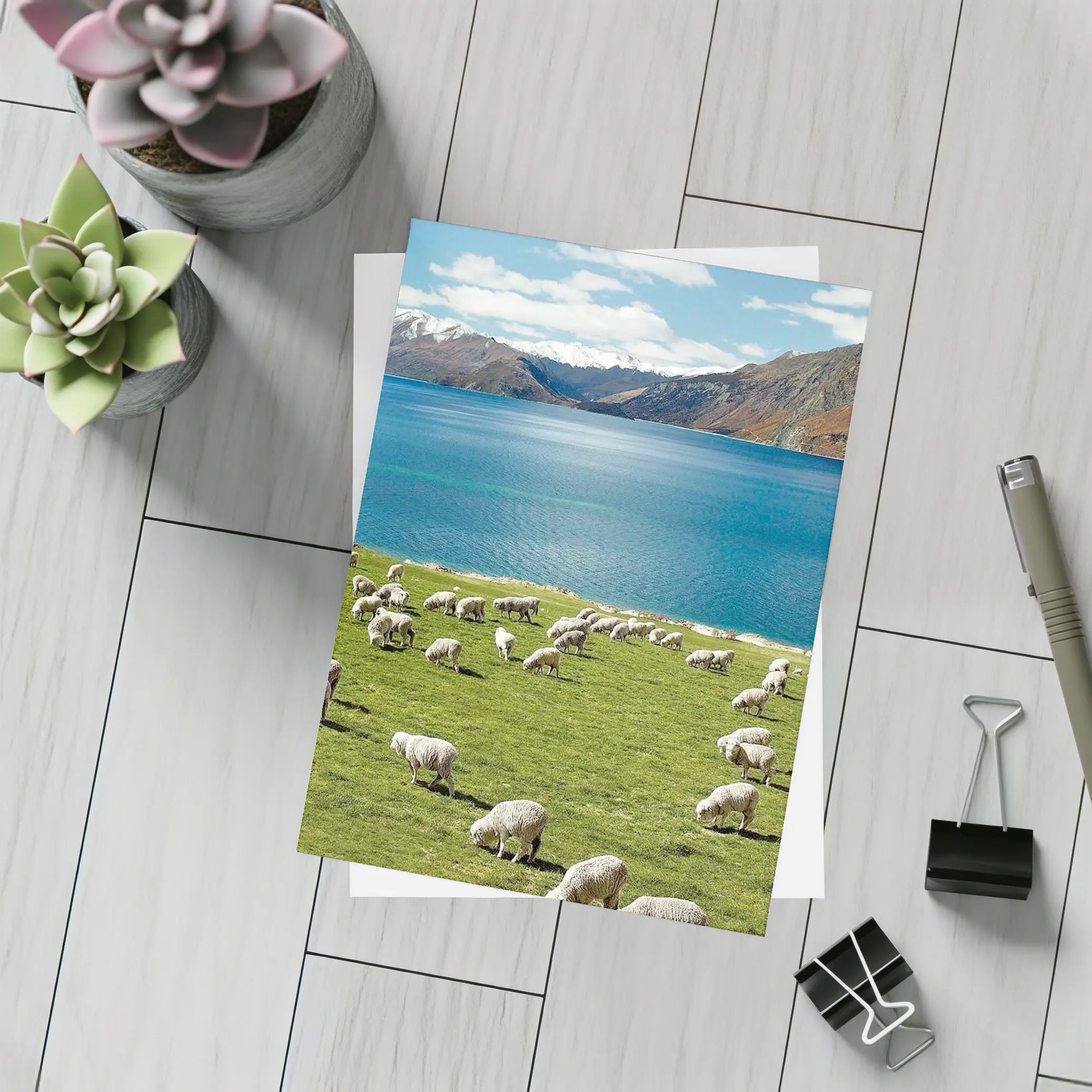 Sheep Grazing Green Meadow Mountain Lake – Postcards