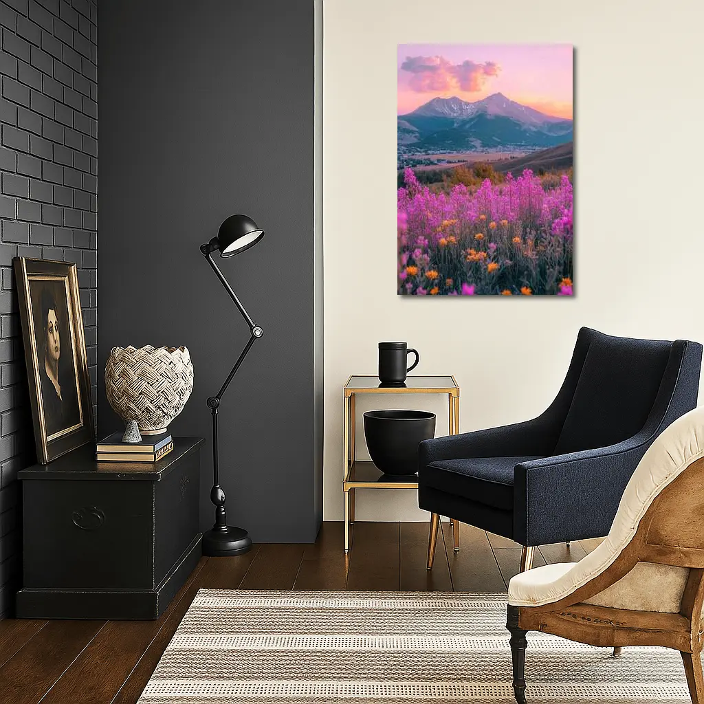 Pink Wildflowers Mountain Sunset Landscape – Wall Art