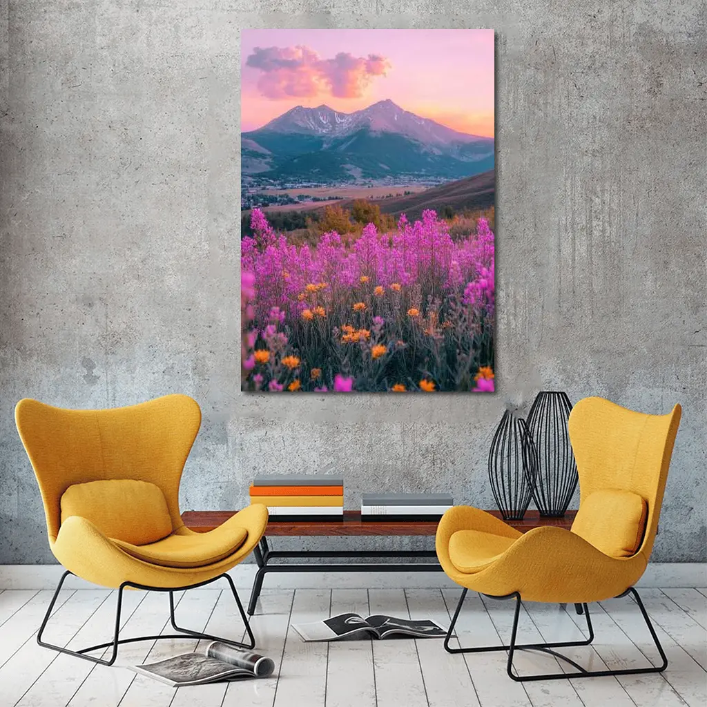Pink Wildflowers Mountain Sunset Landscape – Wall Art