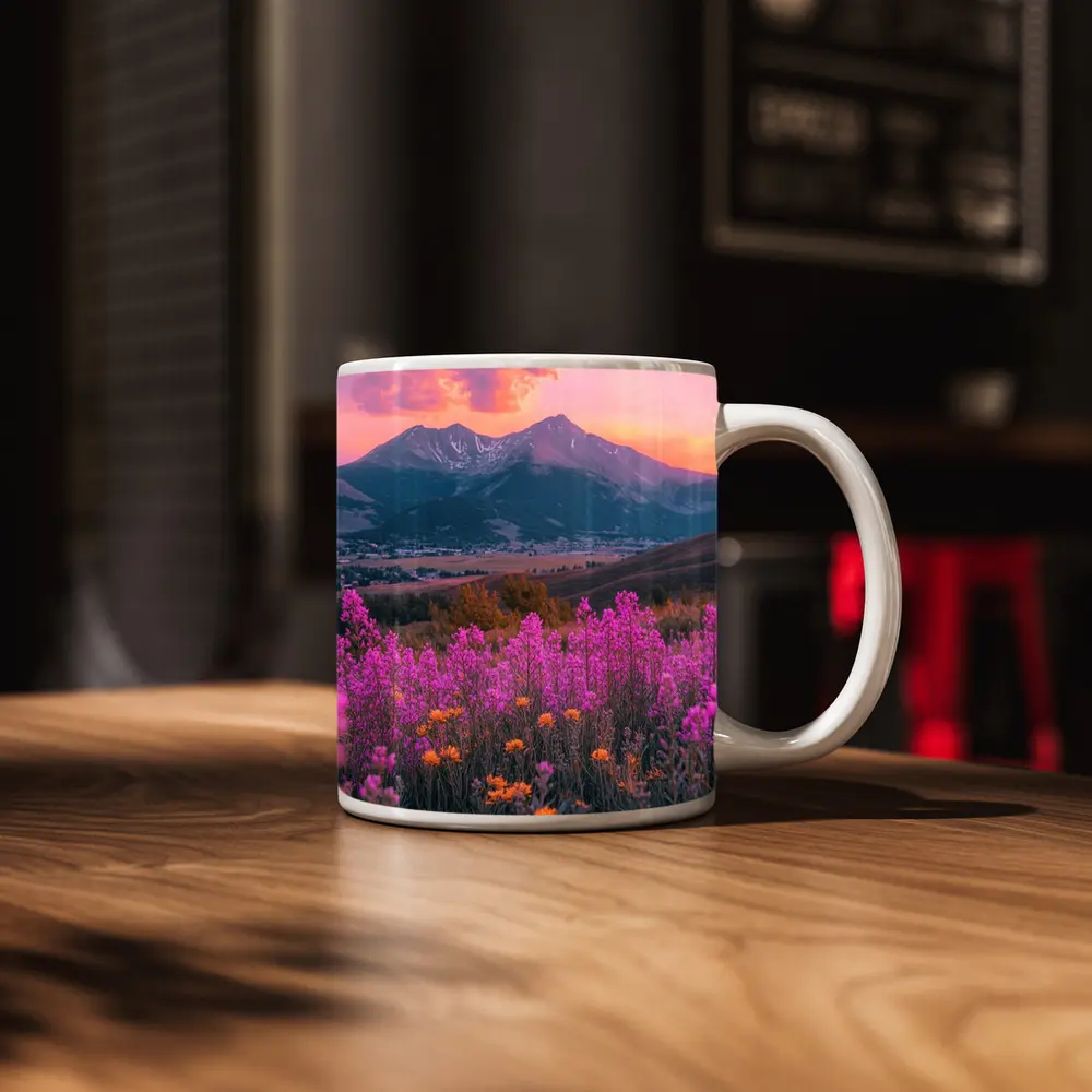 Pink Wildflowers Mountain Sunset Landscape – Mugs