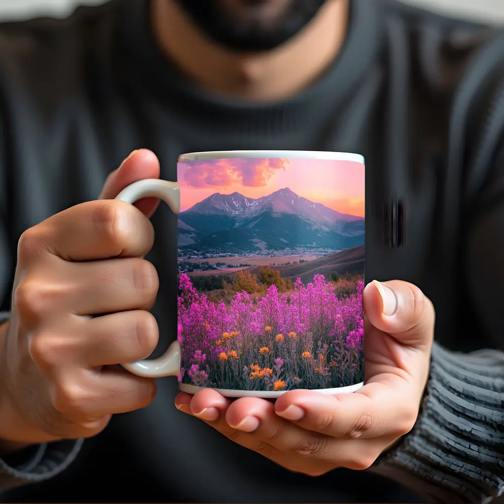 Pink Wildflowers Mountain Sunset Landscape – Mugs