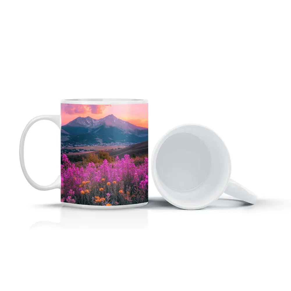 Pink Wildflowers Mountain Sunset Landscape – Mugs