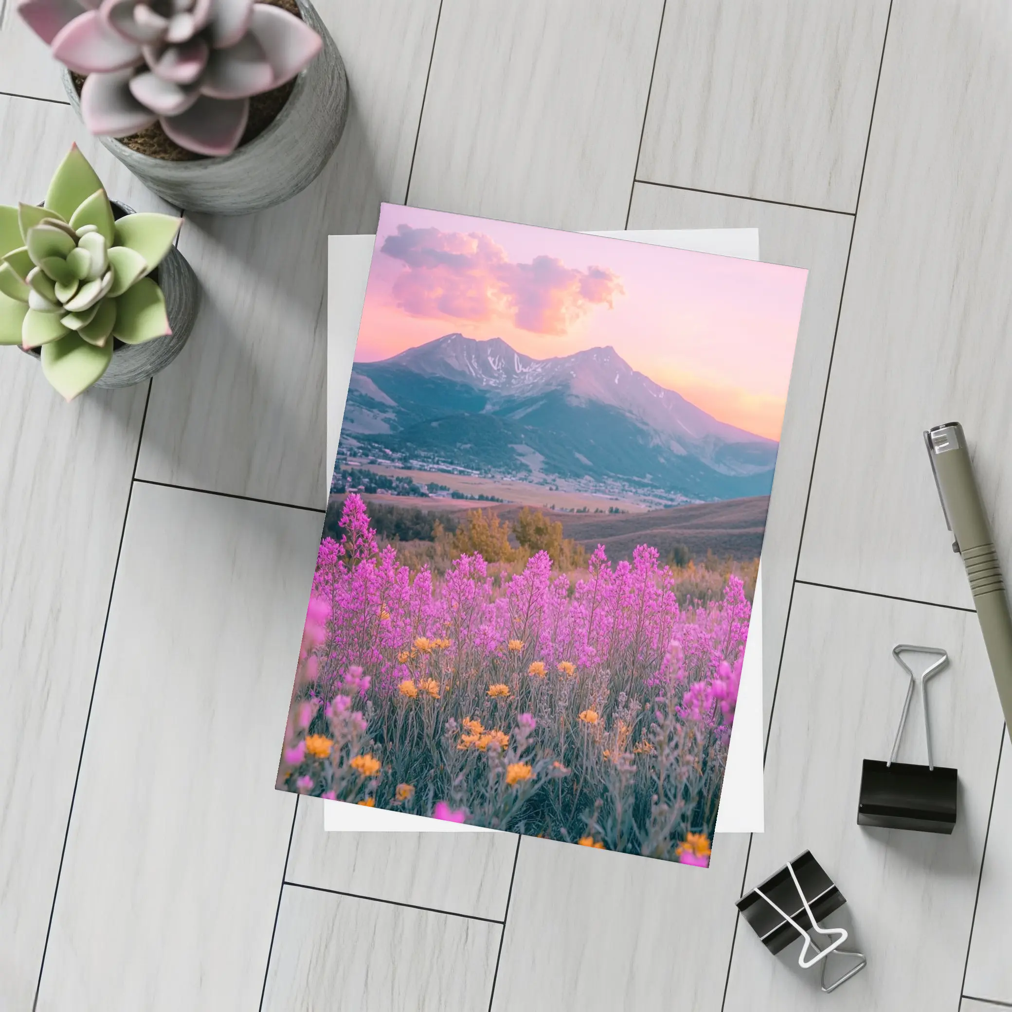 Pink Wildflowers Mountain Sunset Landscape – Postcards
