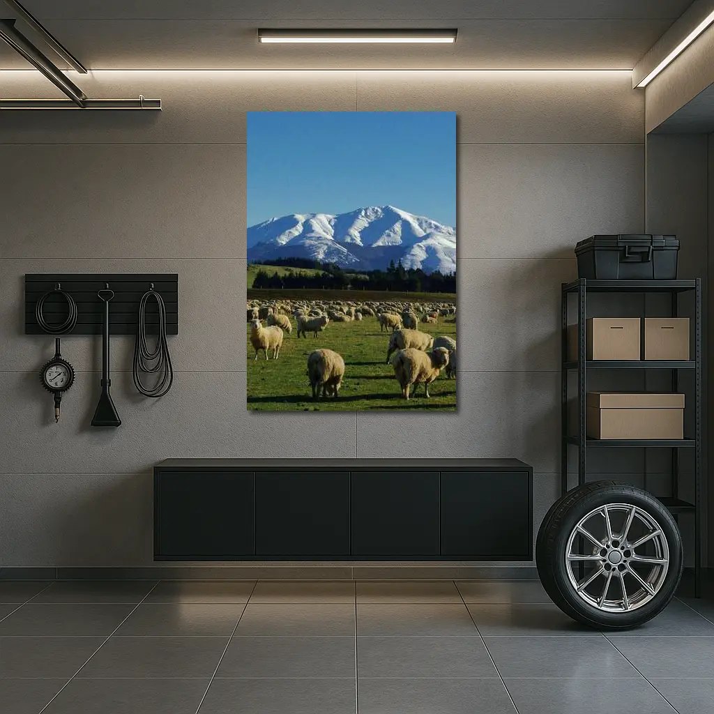 Sheep Flock Grazing Snow Capped Mountain – Wall Art