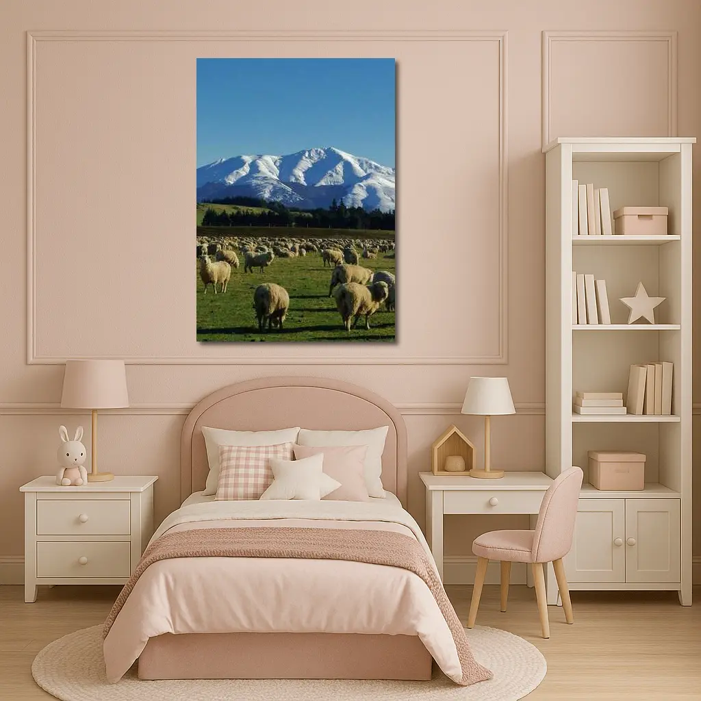 Sheep Flock Grazing Snow Capped Mountain – Wall Art