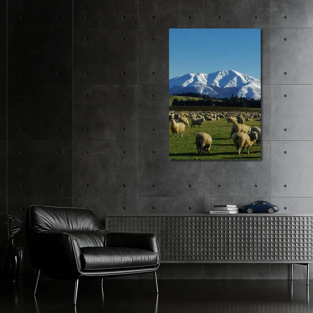 Sheep Flock Grazing Snow Capped Mountain – Wall Art