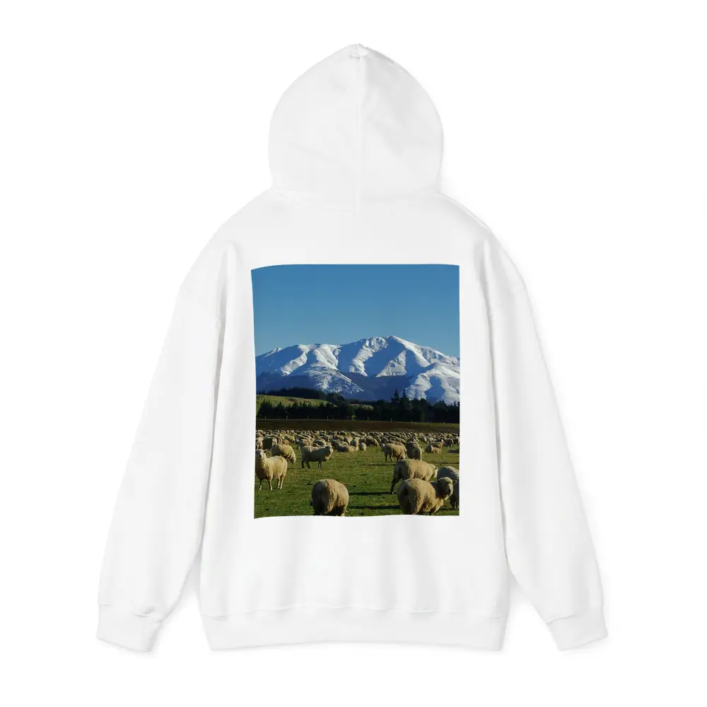 Sheep Flock Grazing Snow Capped Mountain – Hoodies