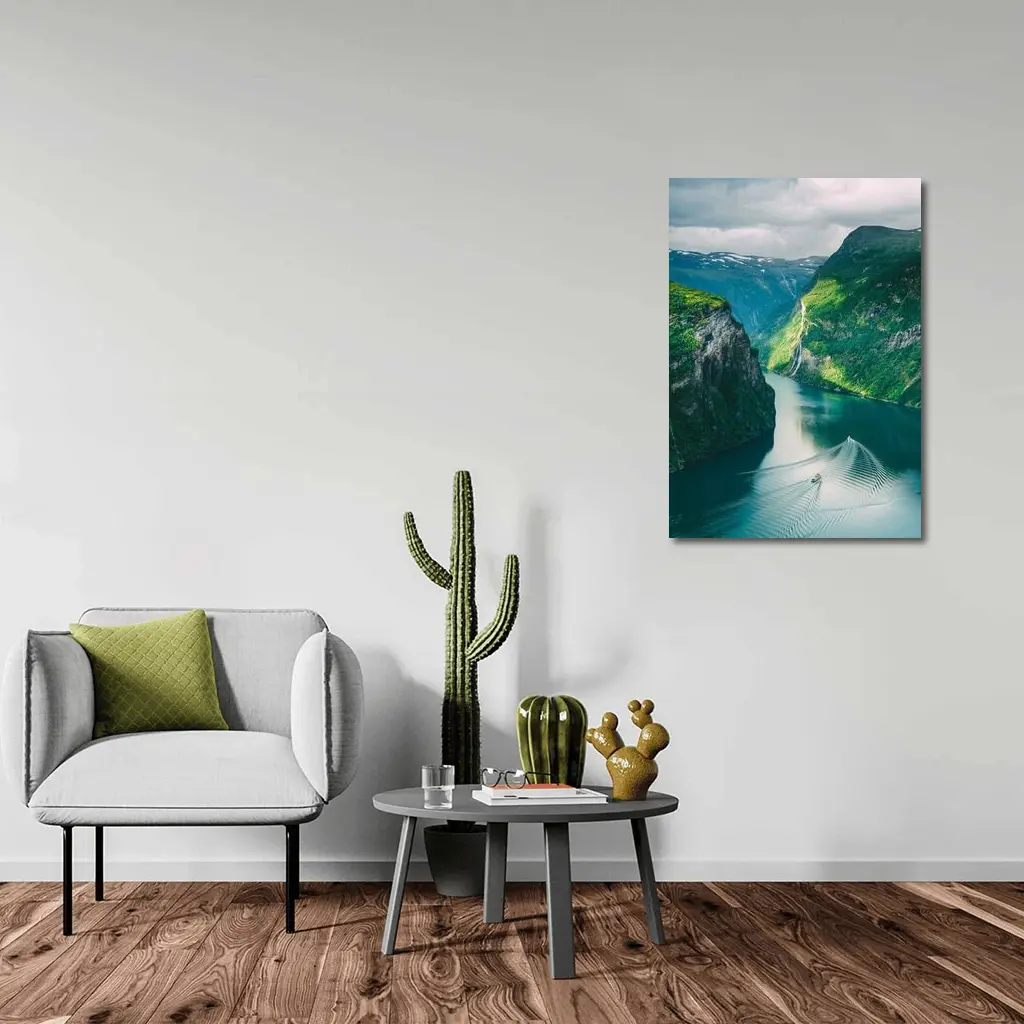 Norwegian Fjord Waterfall Boat Green Mountains – Wall Art