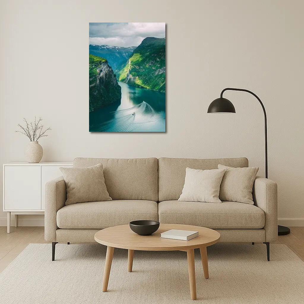 Norwegian Fjord Waterfall Boat Green Mountains – Wall Art