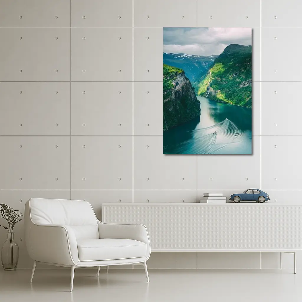 Norwegian Fjord Waterfall Boat Green Mountains – Wall Art
