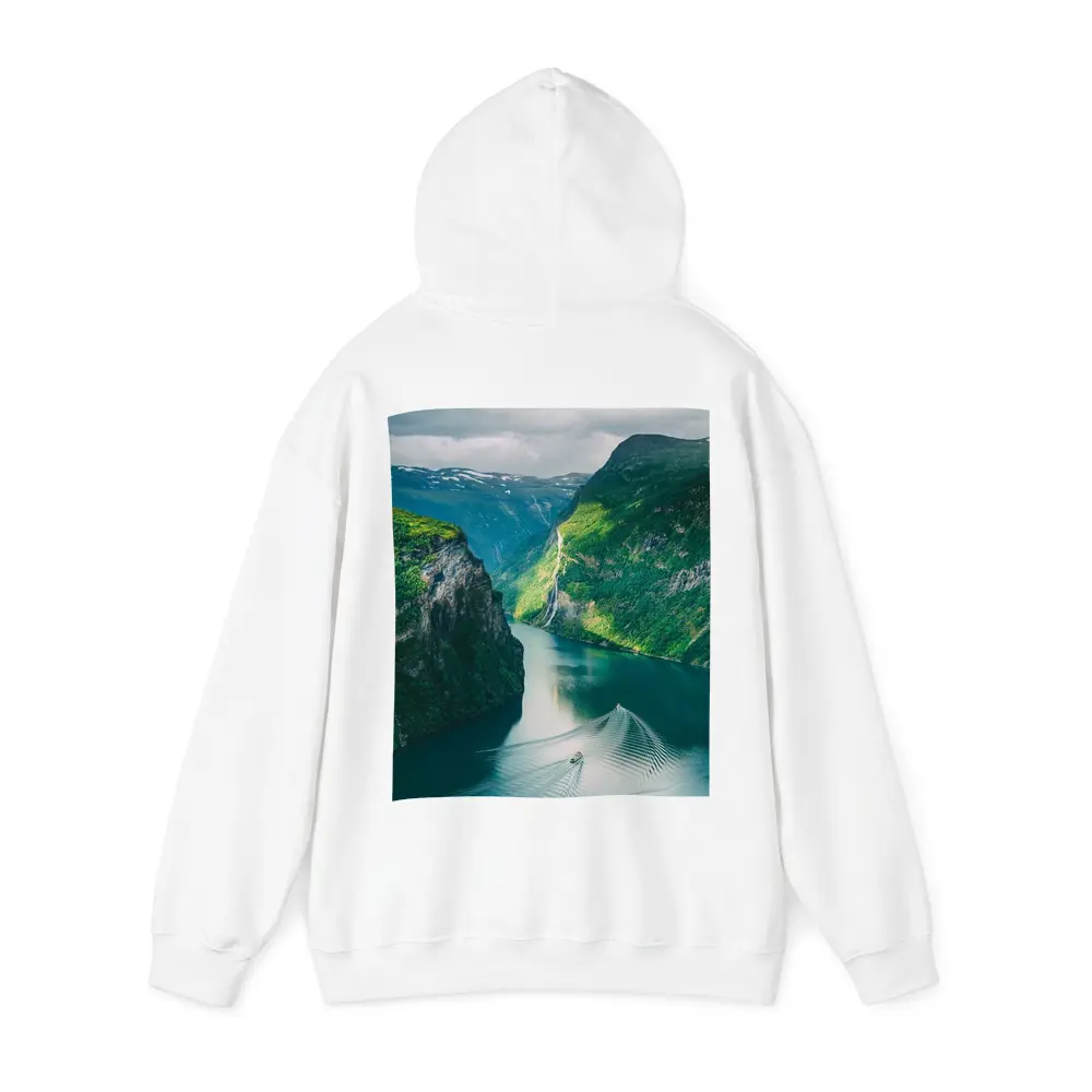 Norwegian Fjord Waterfall Boat Green Mountains – Hoodies