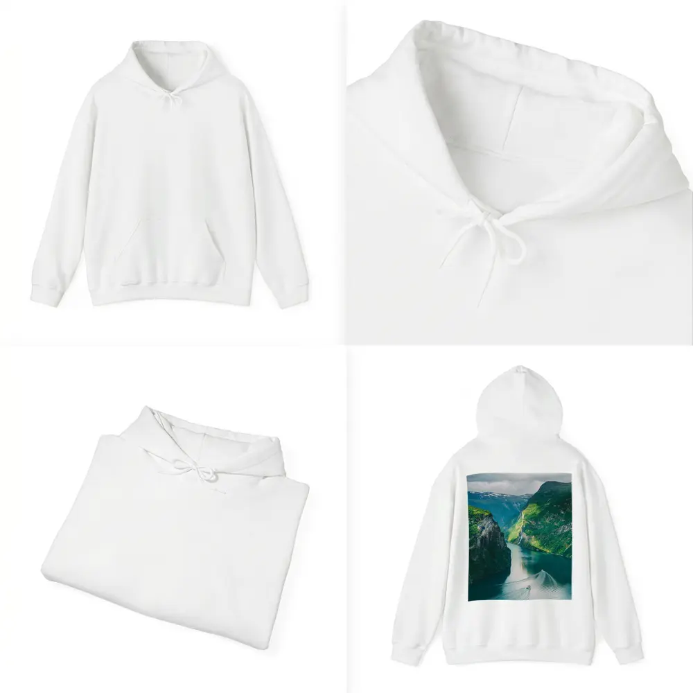 Norwegian Fjord Waterfall Boat Green Mountains – Hoodies