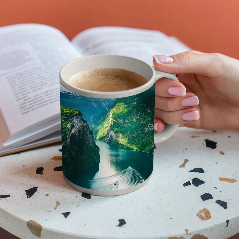 Norwegian Fjord Waterfall Boat Green Mountains – Mugs