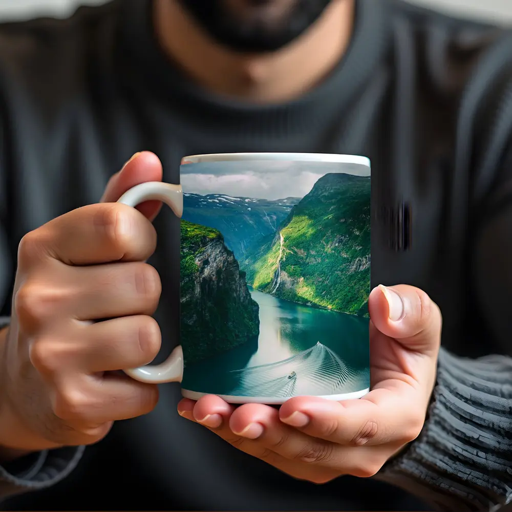 Norwegian Fjord Waterfall Boat Green Mountains – Mugs