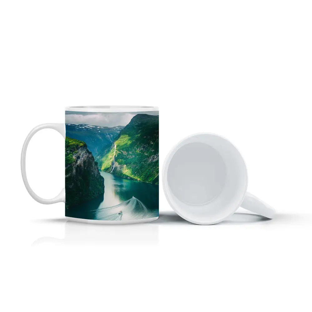 Norwegian Fjord Waterfall Boat Green Mountains – Mugs