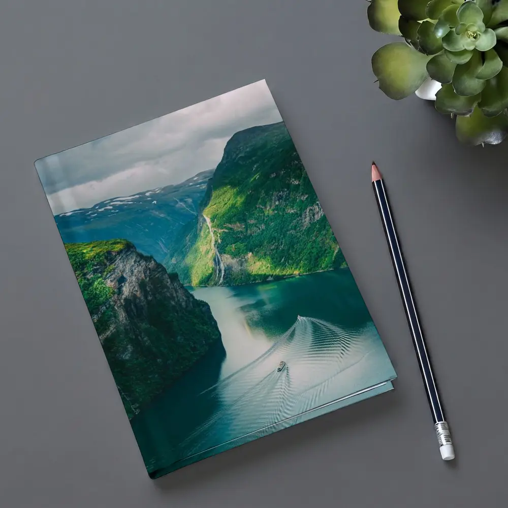 Norwegian Fjord Waterfall Boat Green Mountains – Notebooks