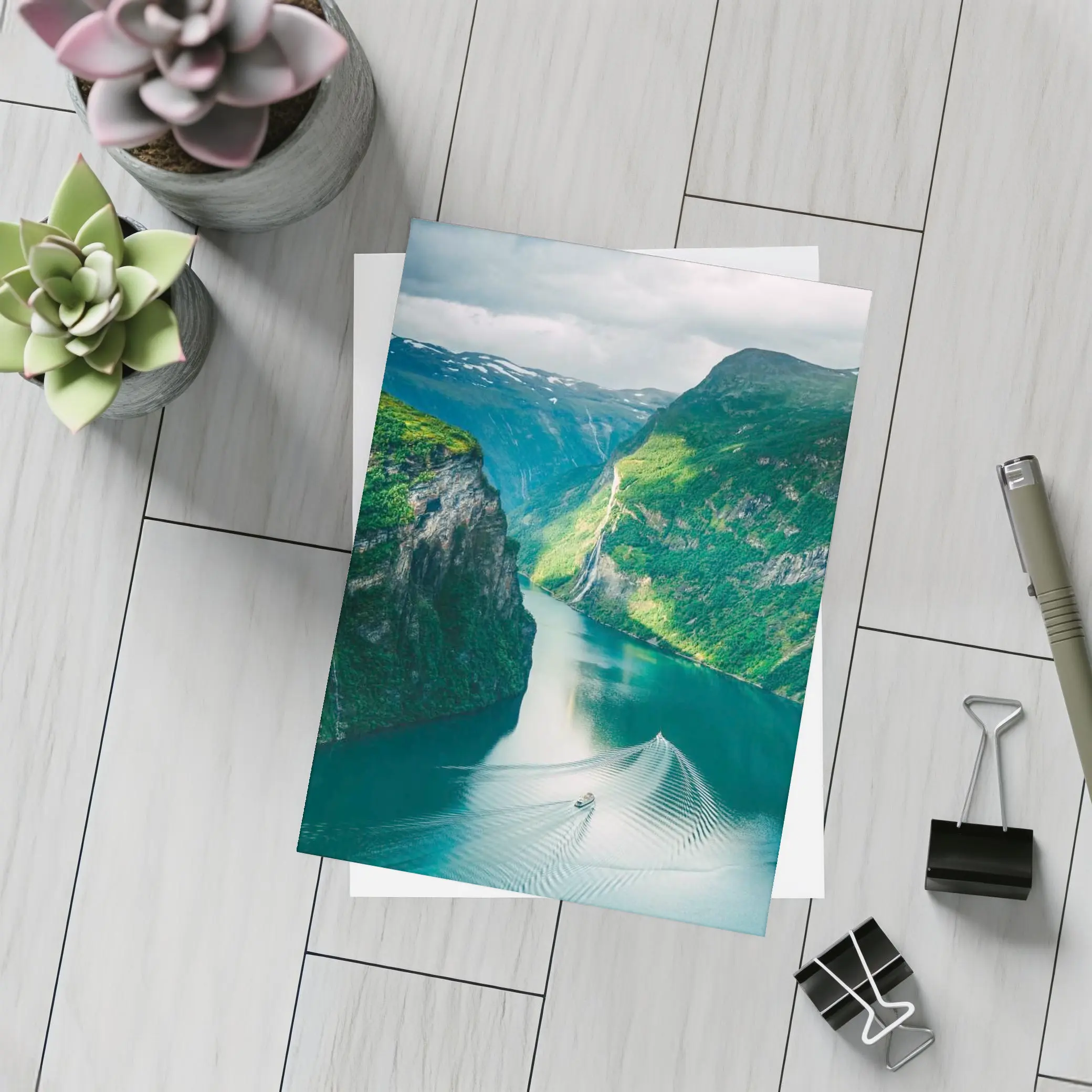 Norwegian Fjord Waterfall Boat Green Mountains – Postcards