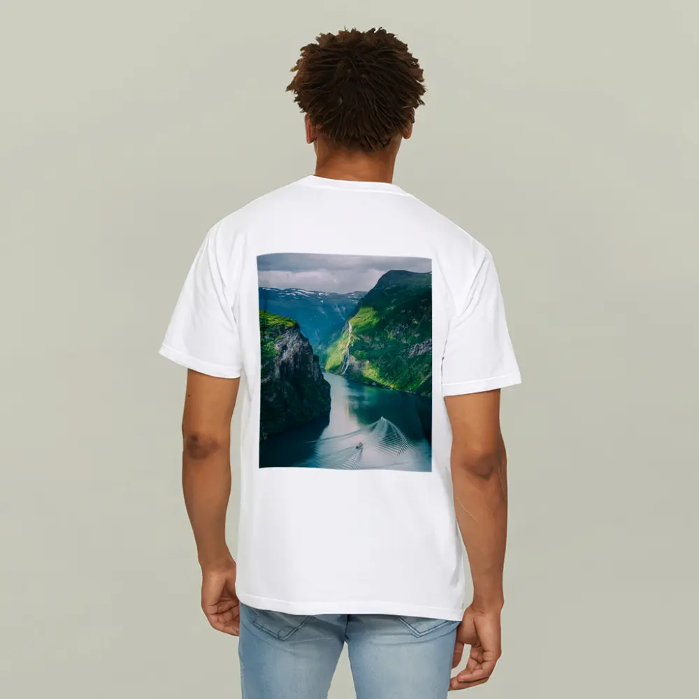 Norwegian Fjord Waterfall Boat Green Mountains – T-Shirts