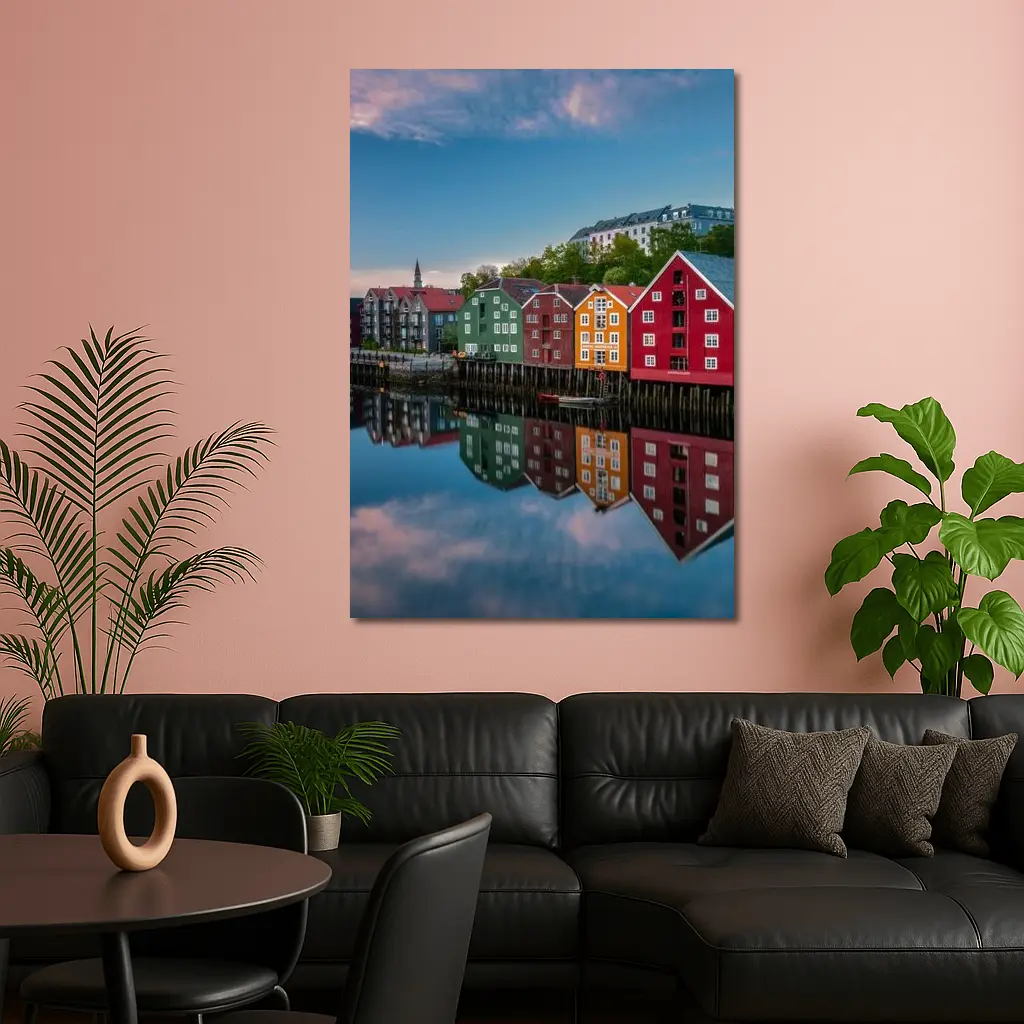 Trondheim Colorful Waterfront Buildings Norway Reflection – Wall Art