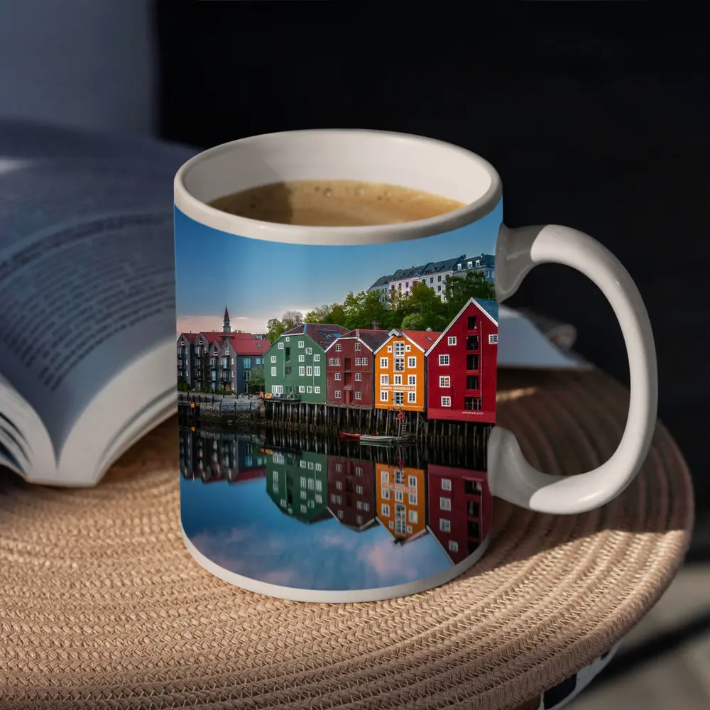 Trondheim Colorful Waterfront Buildings Norway Reflection – Mugs