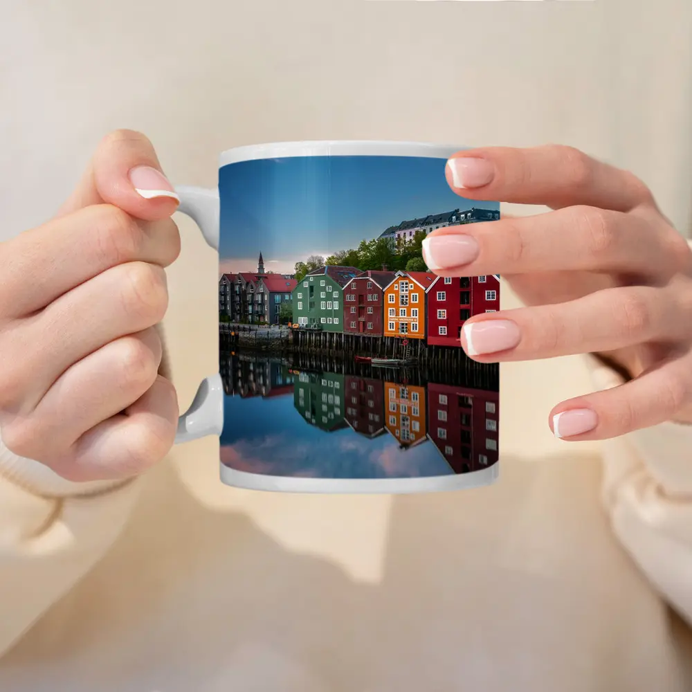 Trondheim Colorful Waterfront Buildings Norway Reflection – Mugs