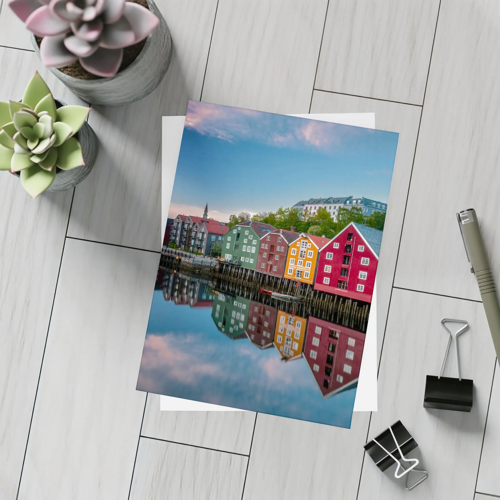 Trondheim Colorful Waterfront Buildings Norway Reflection – Postcards