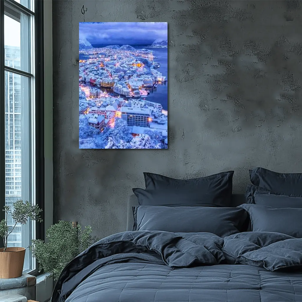 Alesund Norway Snowy City Winter Night – Wall Art