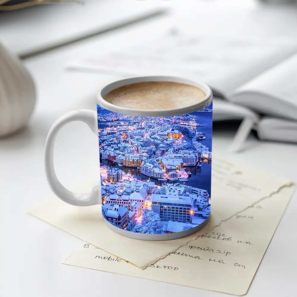 Alesund Norway Snowy City Winter Night – Mugs