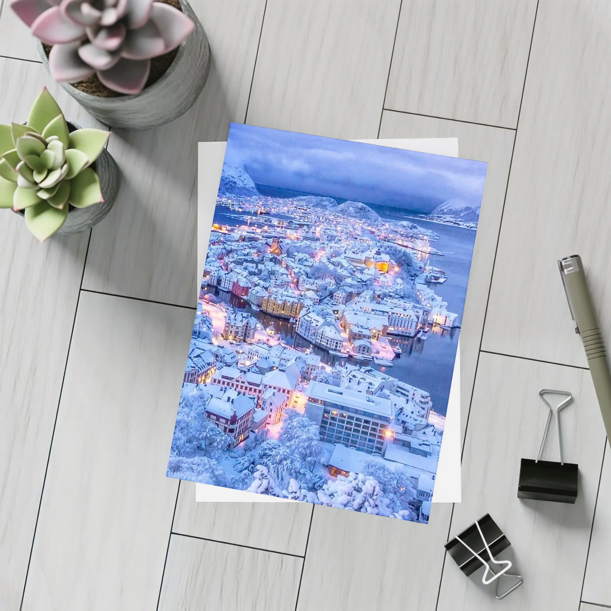 Alesund Norway Snowy City Winter Night – Postcards