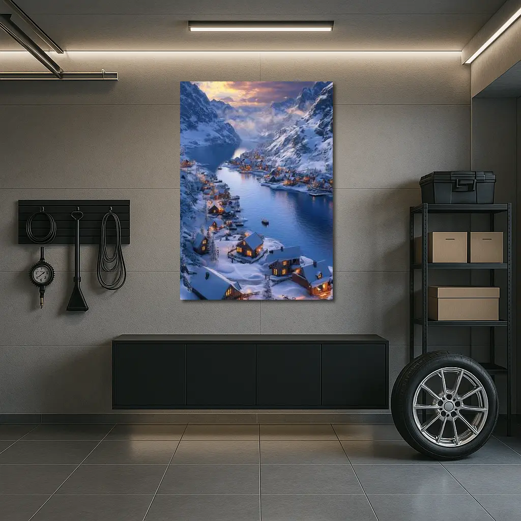 Snowy Mountain Village Fjord Winter Sunset – Wall Art