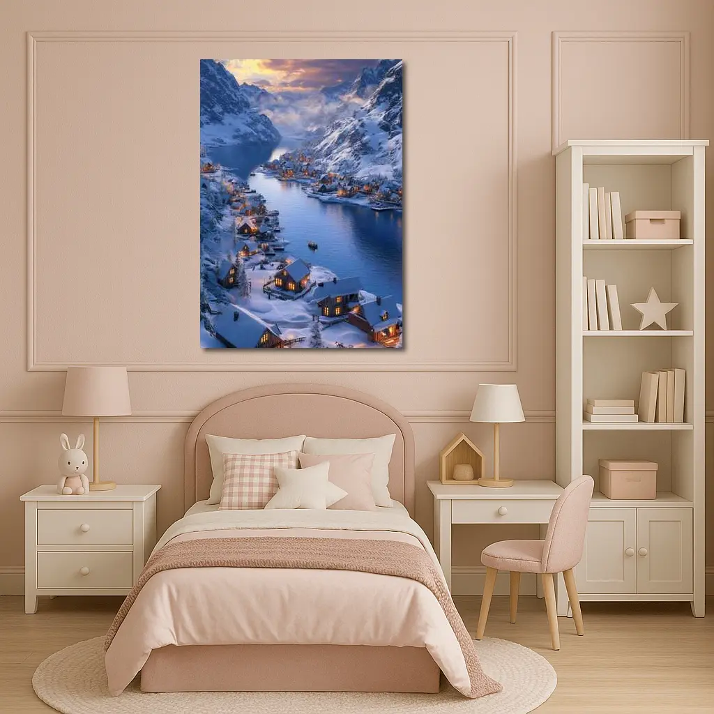 Snowy Mountain Village Fjord Winter Sunset – Wall Art