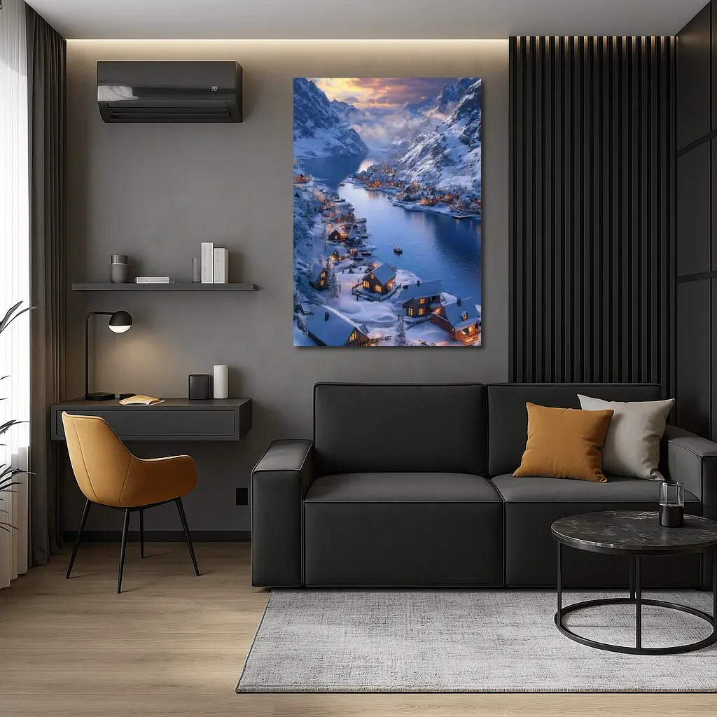 Snowy Mountain Village Fjord Winter Sunset – Wall Art