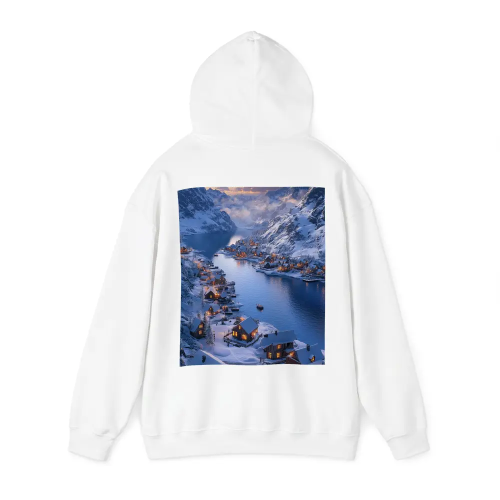 Snowy Mountain Village Fjord Winter Sunset – Hoodies