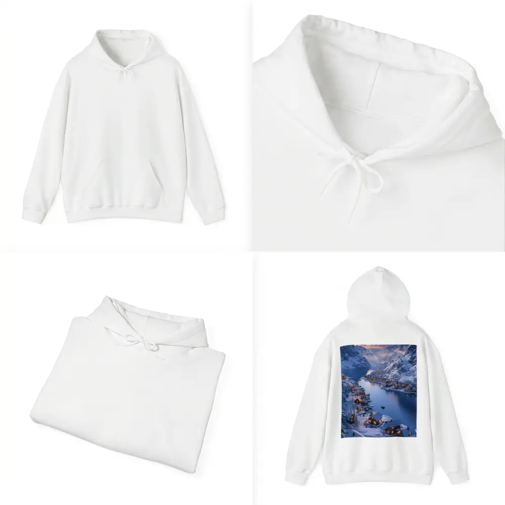 Snowy Mountain Village Fjord Winter Sunset – Hoodies